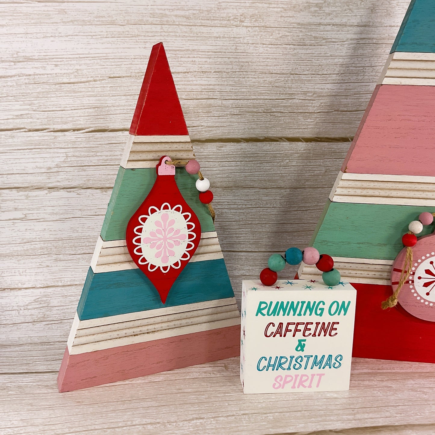 AGSD Christmas Decor - Retro Pink Blue Teal Wood Slat Trees & Sign 3pc