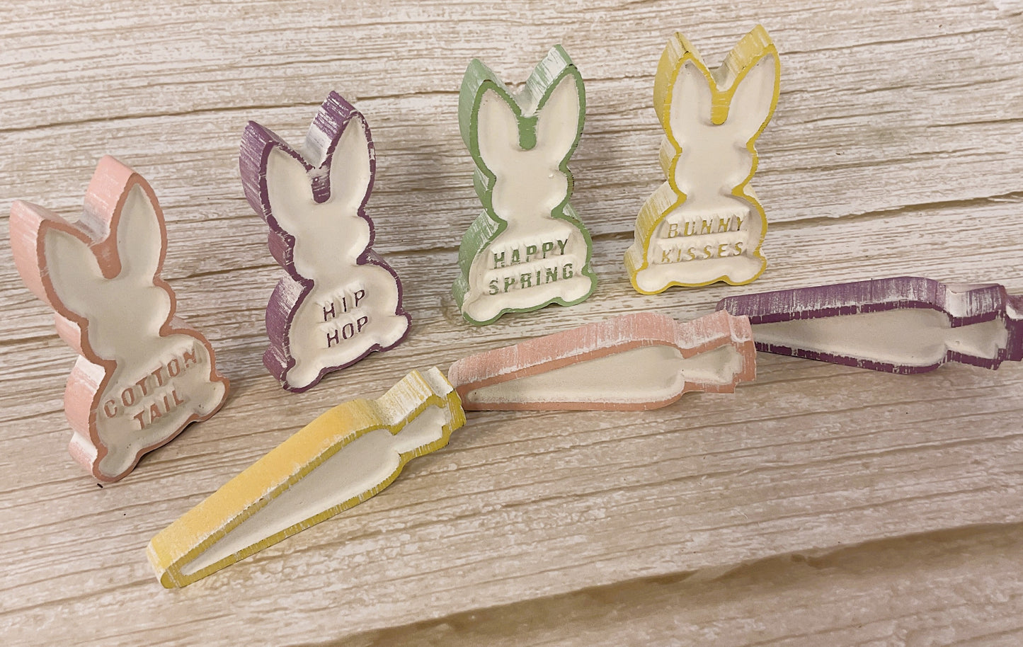 CP Easter Decor - Small Carved Wood Pastel Carrots & Bunny Rabbits 7pc Set