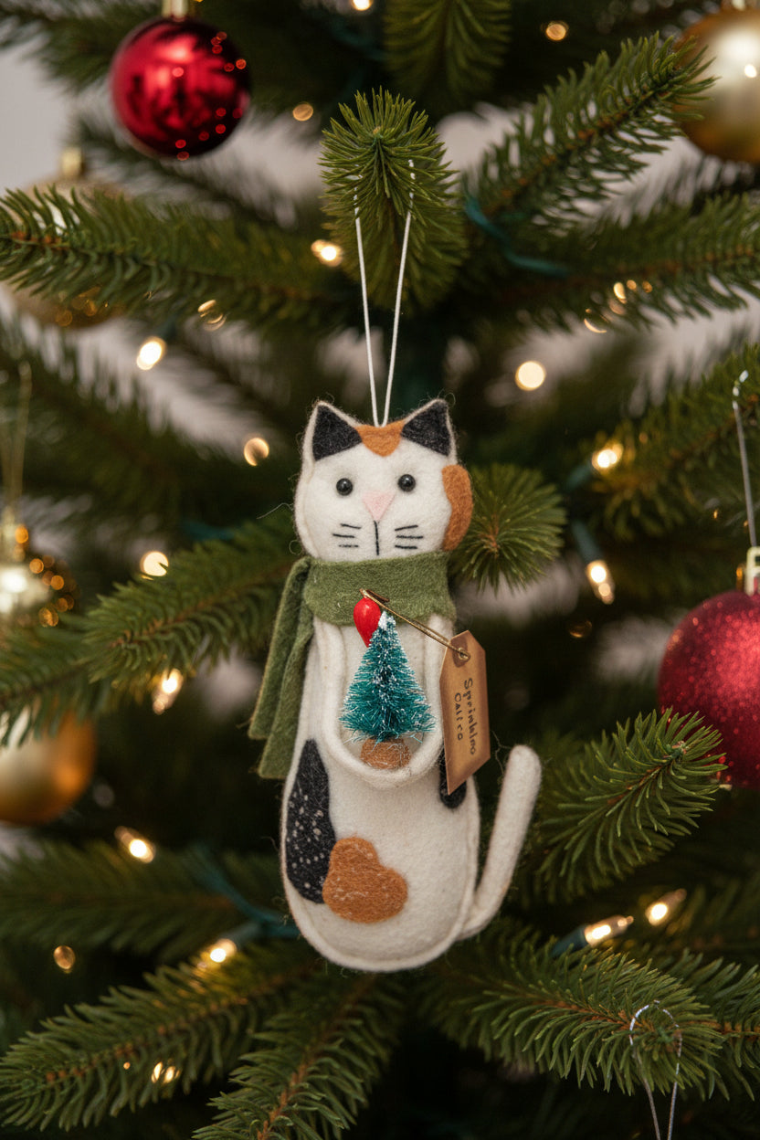 CWI Christmas Decor - Prim Calico Fabric Felt Stuffed Cat Ornament