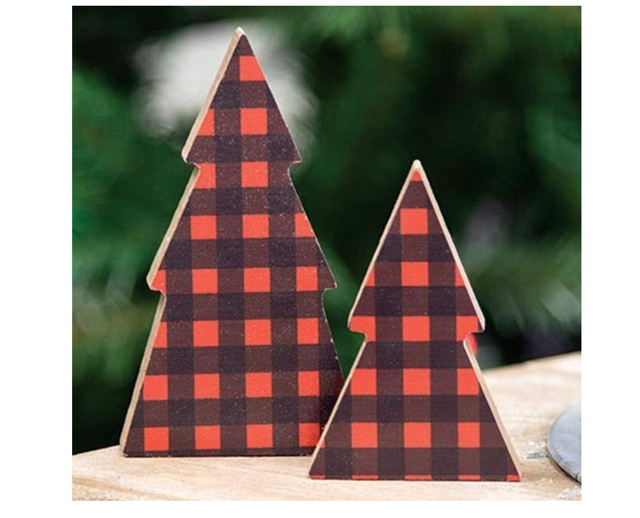 CWI Christmas Decor - SMALL Red Black Buffalo Plaid Wood Trees 2pc Set