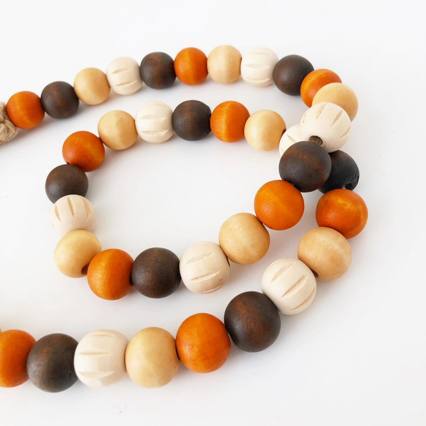 FD Fall Decor - Pumpkin Orange Brown Natural Wood Bead Garland 36-inch
