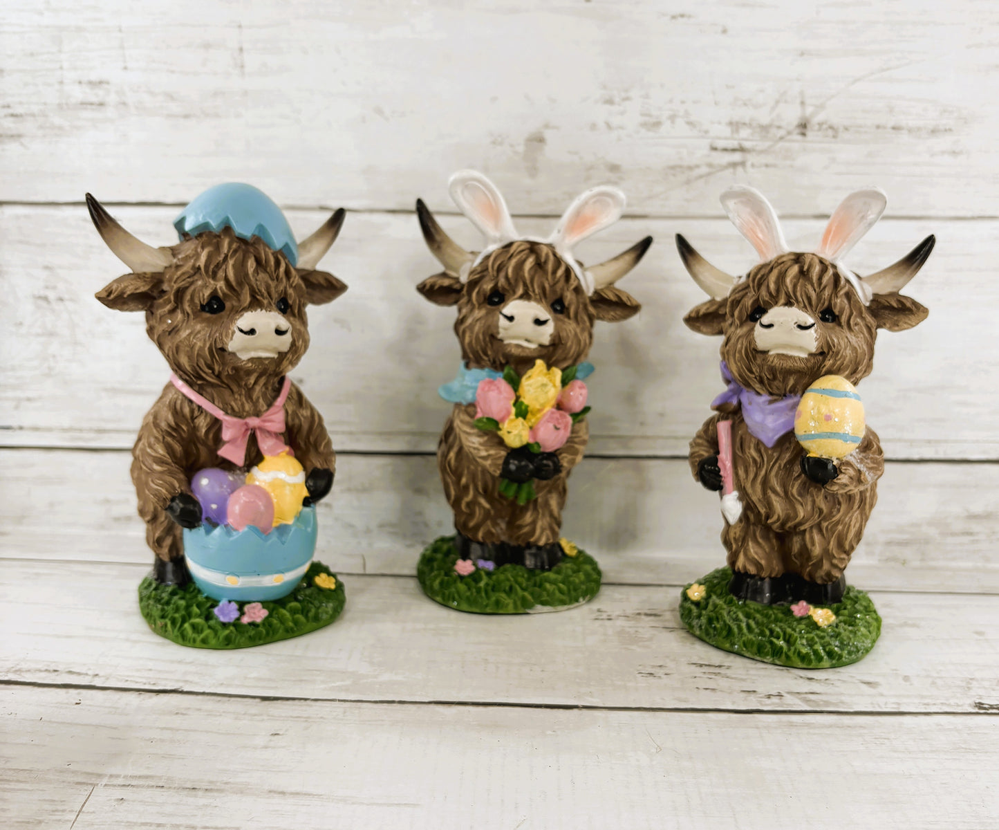 Gerson Easter Decor - Bunny Rabbit Eggs Resin Highland Cow Figurine 3pc