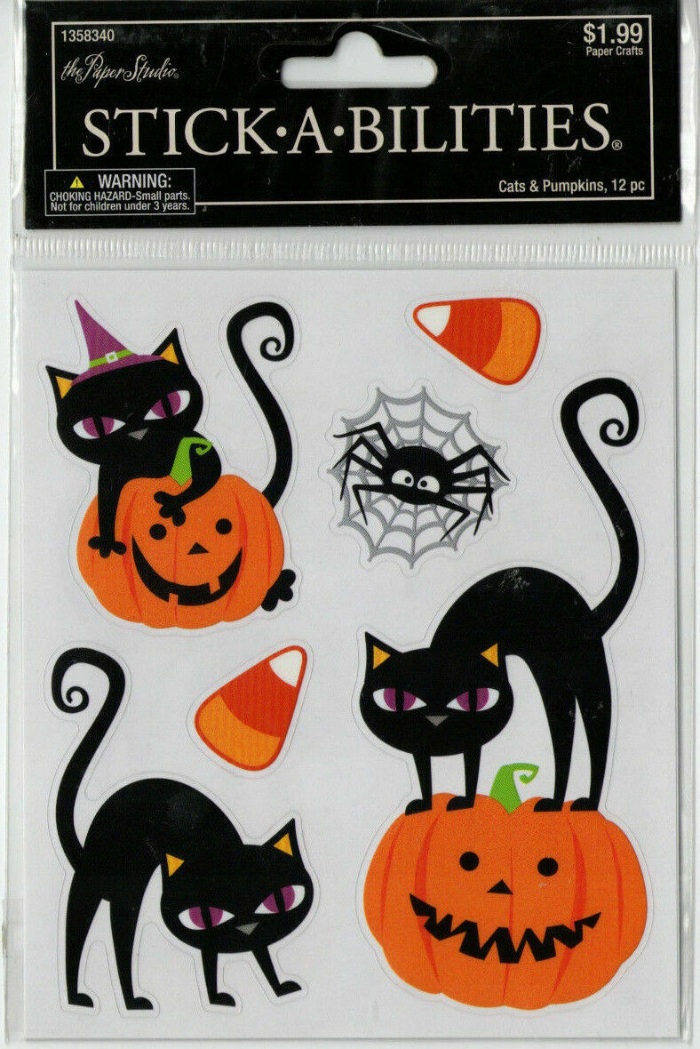 HL Halloween Craft Supply - Cats Pumpkins Cute Witch Icons Stickers 3 Sets