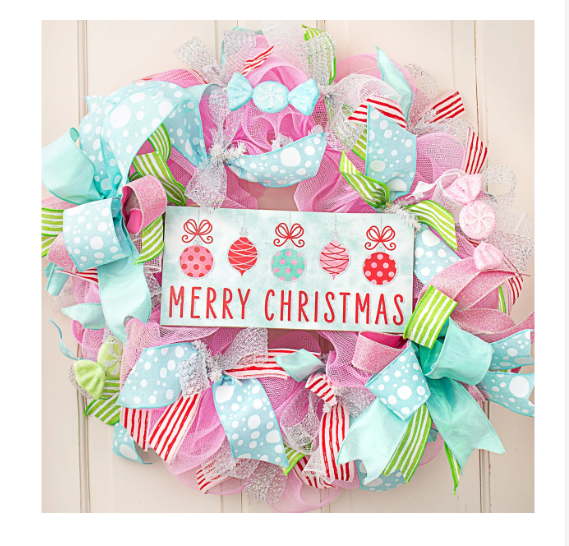 CO Christmas Decor - Retro Pink Merry MDF Wood Door Wreath Sign 12.5-inch