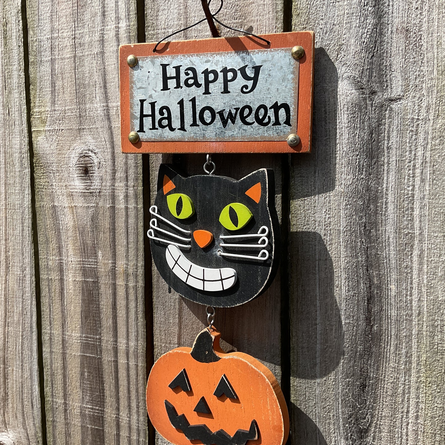 HL Halloween Decor - Primitive Happy Chunky Wood Cat Pumpkin Sign
