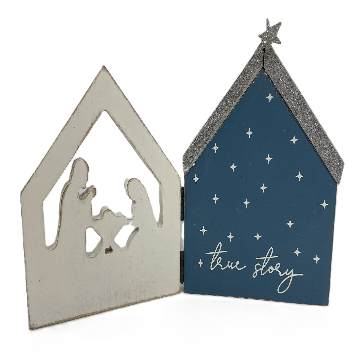 Youngs Christmas Decor - Blue Silver Nativity Theme Silhouette Sign