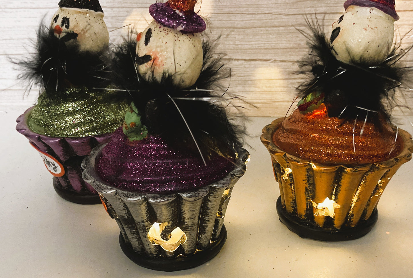 Youngs Halloween Decor - Lighted Resin Clown Ghost Cupcakes 3pc