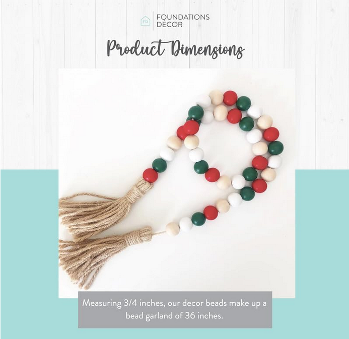 FD Christmas Decor - Red Green White Natural Wood Bead Garland 36-inch