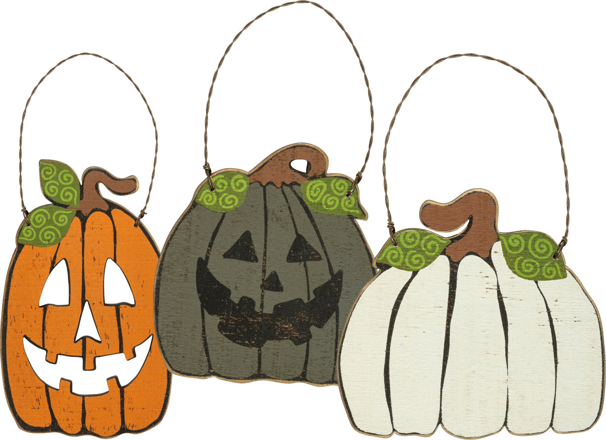 PBK Halloween Decor - Prim Wood Jack O Lanterns Pumpkin Ornaments 3pc