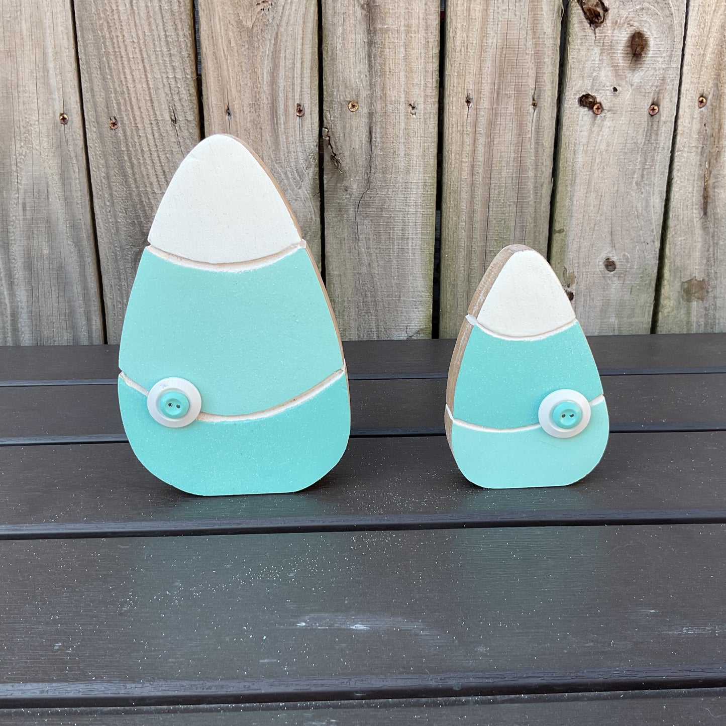 AGD Halloween Decor - Pastel Teal Green Chunky Wood Candy Corn Sitters 2pc Set