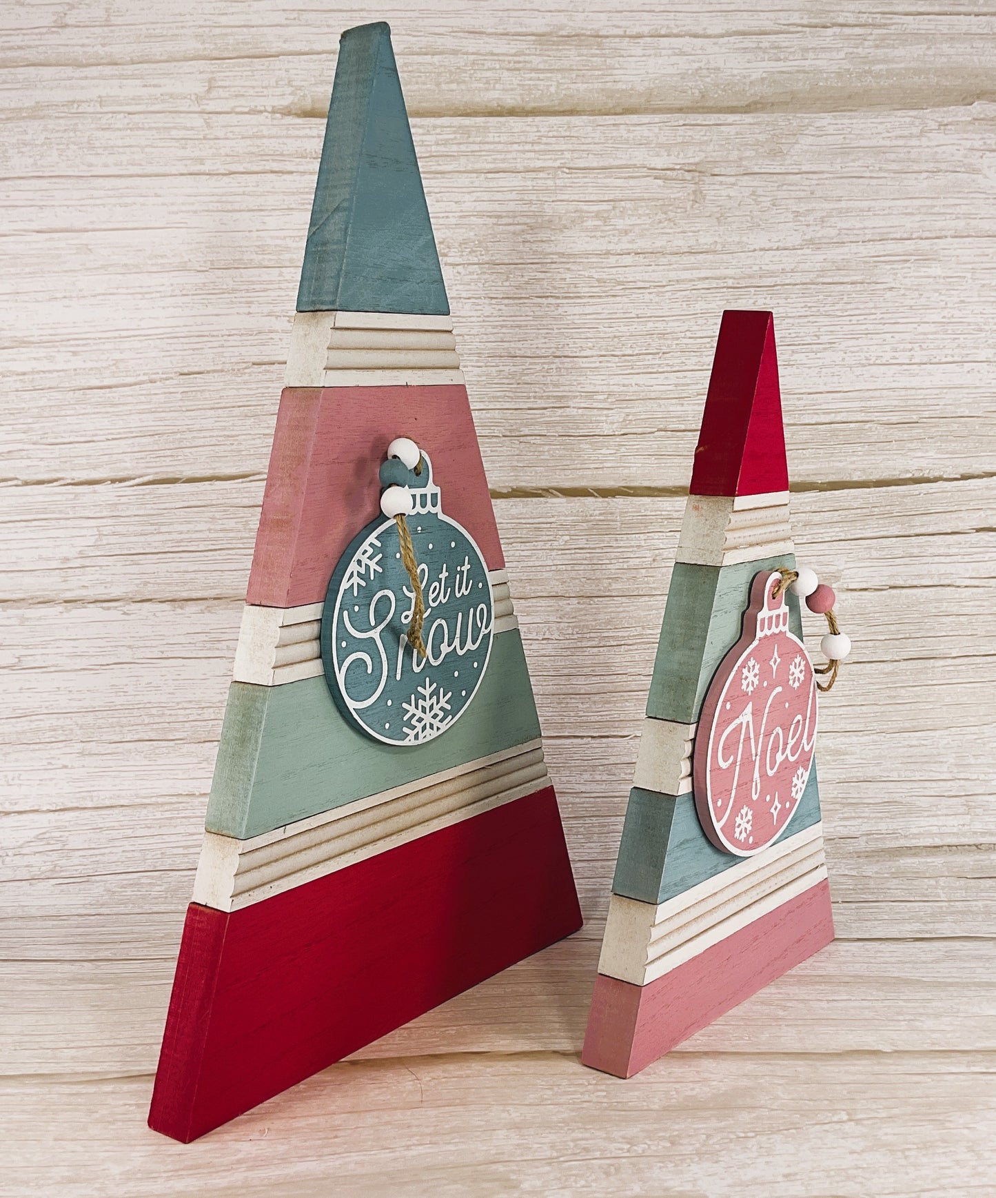 AGSD Christmas Decor - Retro Pink Blue Teal Wood Slat Trees 2pc Set