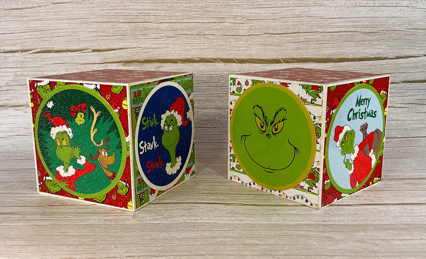 AGSD Christmas Decor - Green Whimsy Block Signs 2pc Set