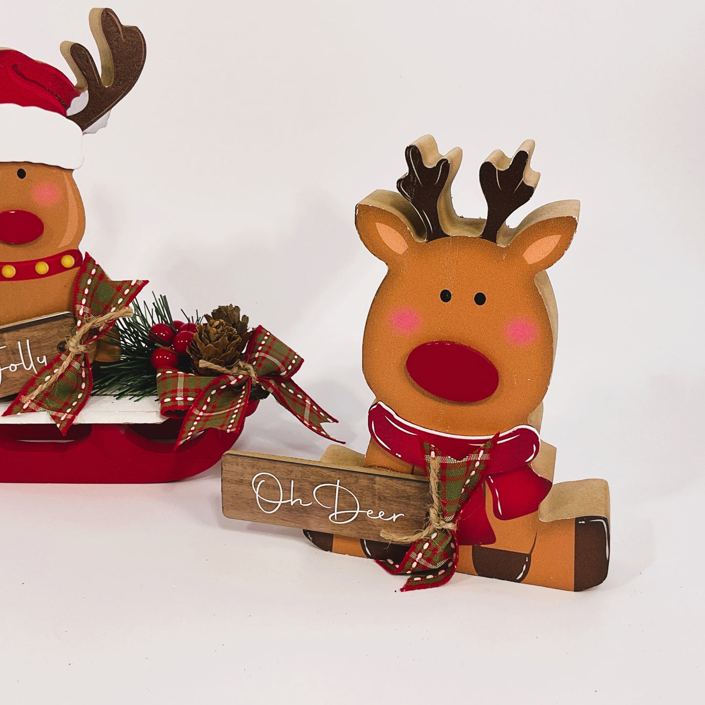 AGSD Christmas Decor -Chunky Wood Oh Deer Reindeer and Sleds 2pc