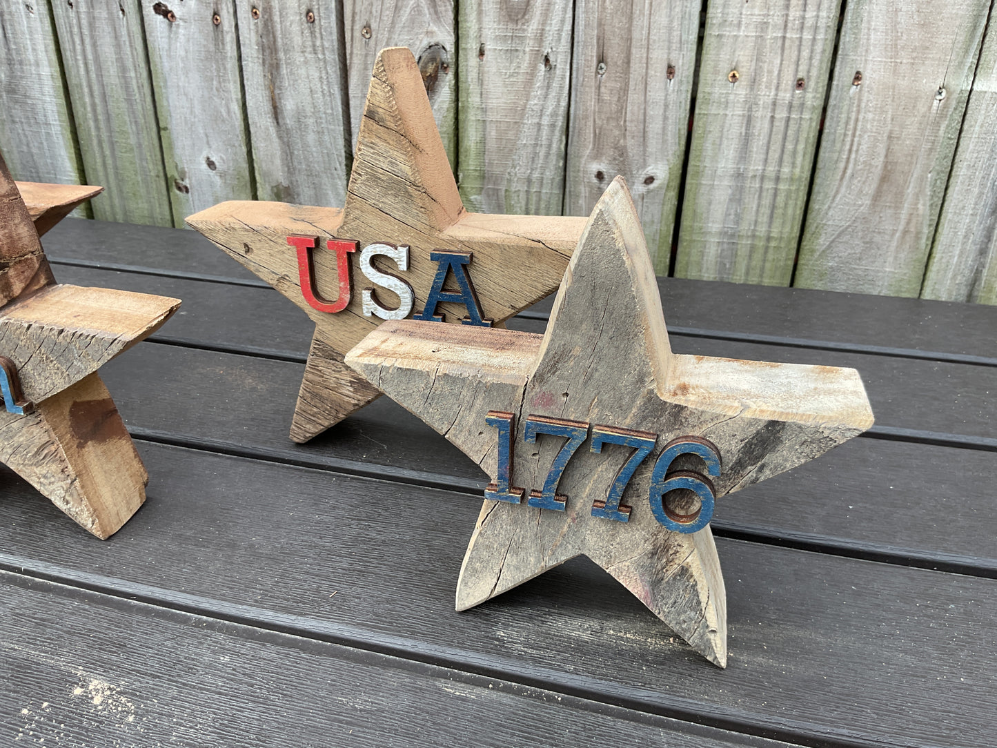 AGSD Patriotic Decor - July 4th Rustic Neutral Chunky Wood Star Sitters 4pc