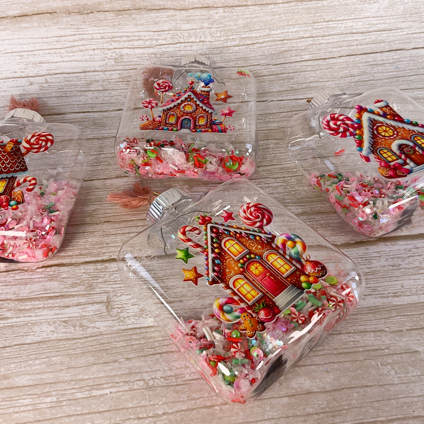 AGSD Christmas Decor - Pink Gingerbread Houses Fill-able Square Ornaments 12pc