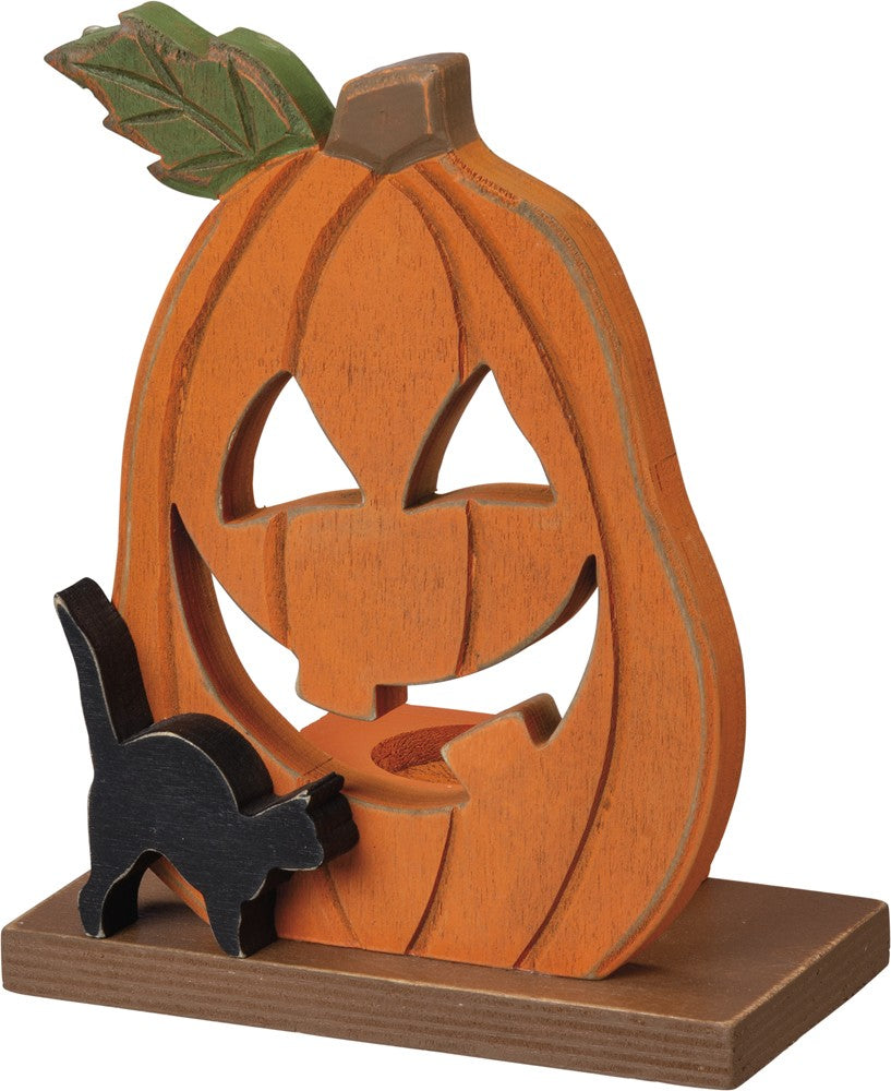 Primitives by Kathy PBK Halloween Decor - Black Cat & Pumpkin Tealight Candle Holder