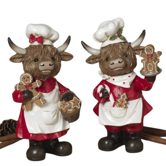 Gerson Christmas Decor - Gingerbread Baker Highland Cow Figurines 2pc