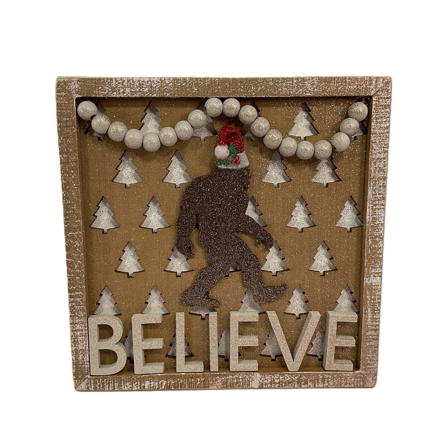 AGSD Christmas Decor - Believe Santa Bigfoot Tree Inset Box Sign