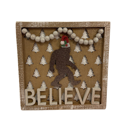 AGSD Christmas Decor - Believe Santa Bigfoot Tree Inset Box Sign
