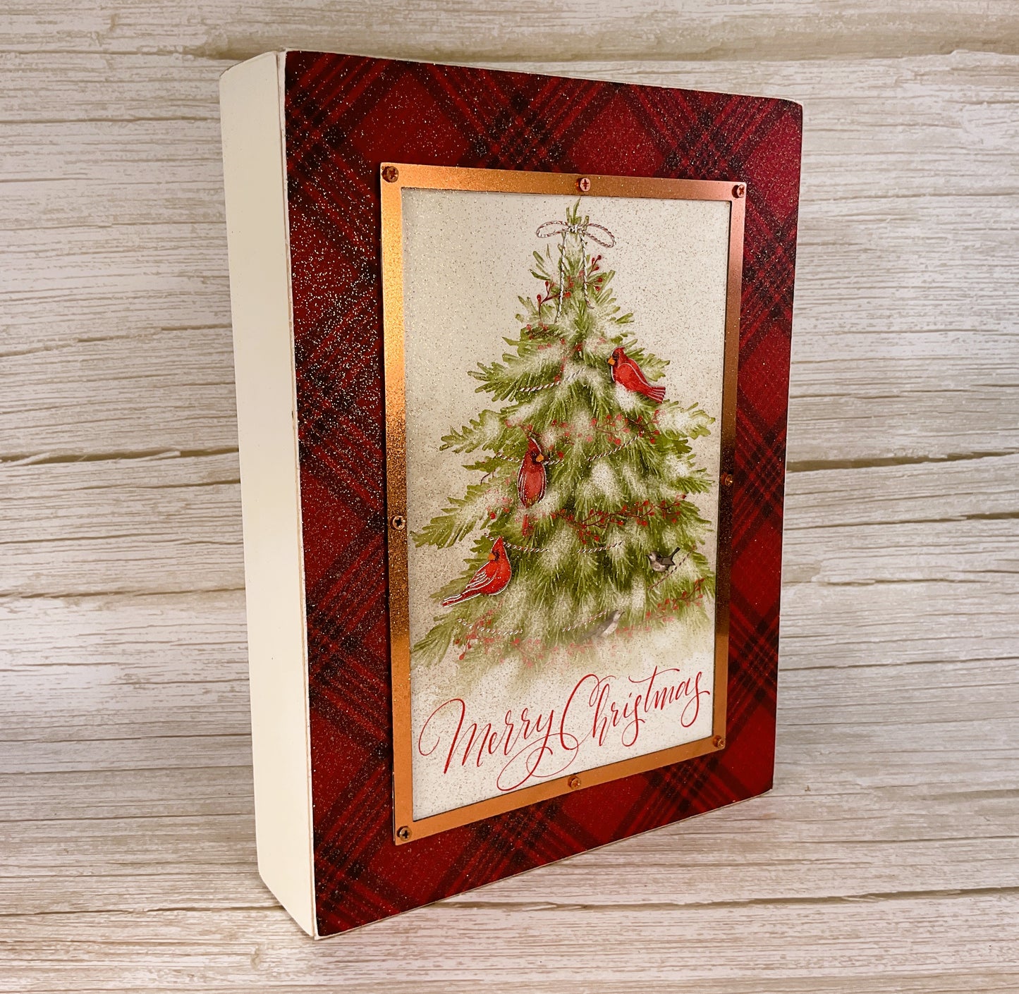 AGSD Christmas Decor - Red Cardinal Christmas Tree Tabletop Box Sign