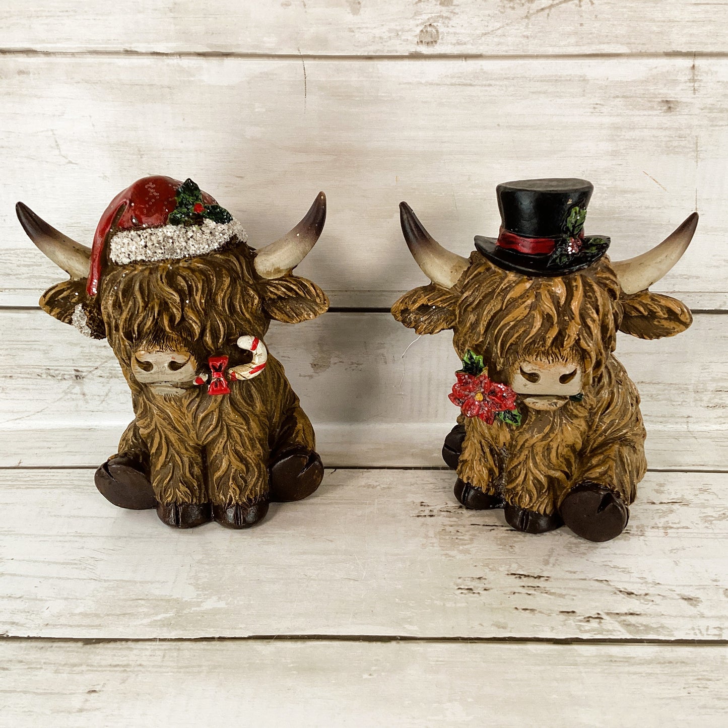 AGSD Christmas Decor - Resin Scottish Highland Cow Couple Figurines 3pc Set