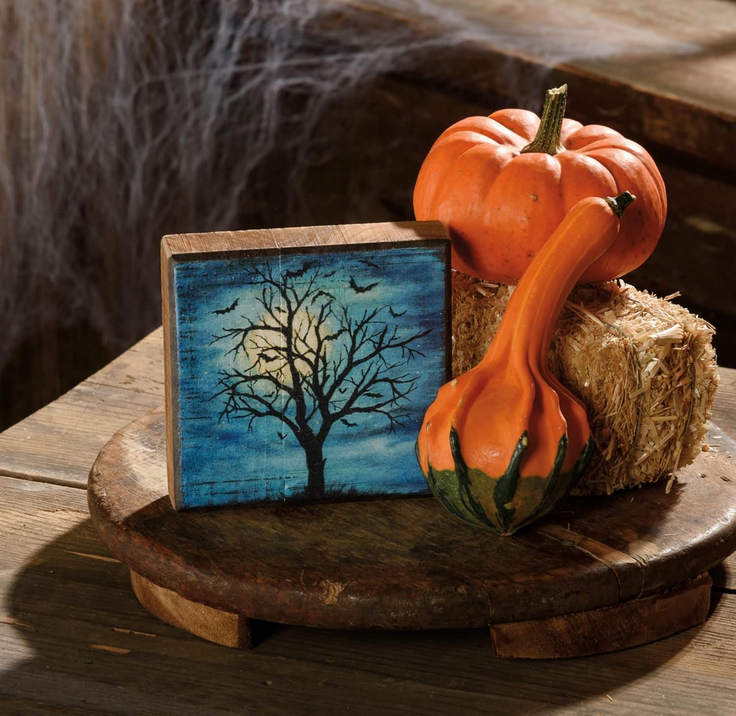 PBK Halloween Decor - Midnight Haunted Tree Bats Block Sign
