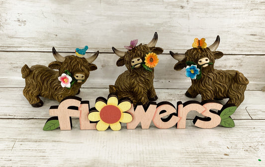 HL Spring Decor - Resin Scottish Highland Cow Spring Figurines 4pc Set