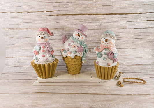 AGSD Christmas Decor - Pastel Snowmen Cupcake Cone Sled 4pc Set