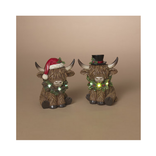 Gerson Christmas Decor - Santa Hat Cap Highland LED Cows Figurines 2pc