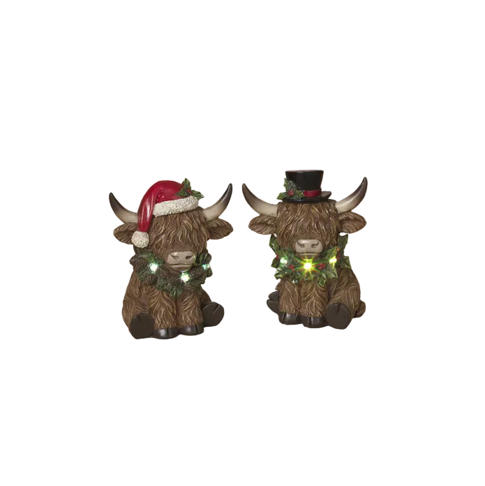 Gerson Christmas Decor - Santa Hat Cap Highland LED Cows Figurines 2pc