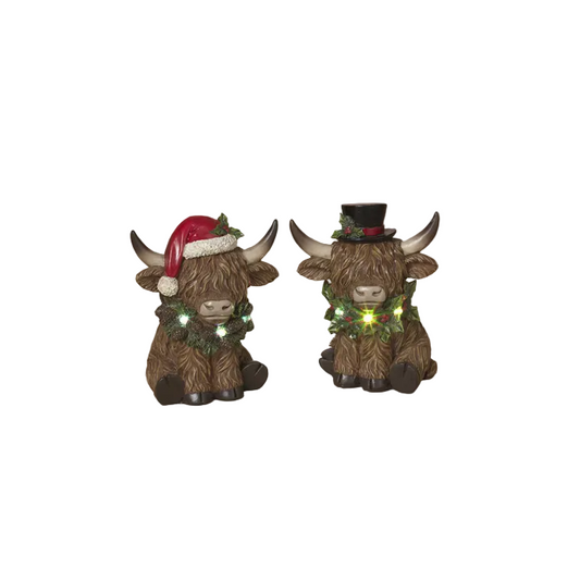Gerson Christmas Decor - Santa Hat Cap Highland LED Cows Figurines 2pc