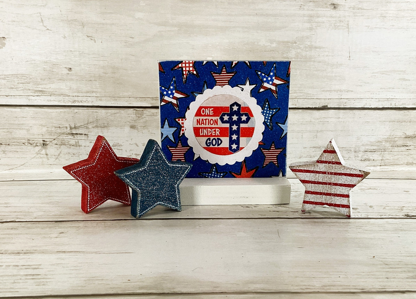 July 4th One Nation Under God Block Sign & Stars Set | Patriotic Faith Farmhouse Tiered Tray & Shelf Decor