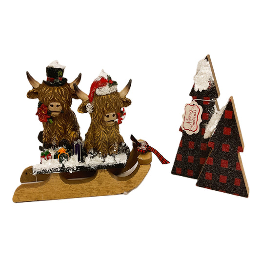 AGSD Christmas Decor - Highland Cow Figurine Sled Tree Decor 2pc Set
