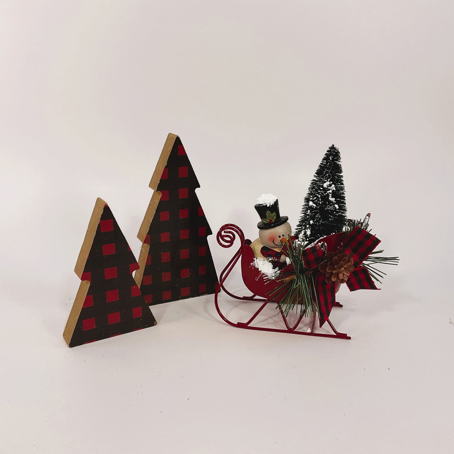 AGSD Christmas Decor - Resin Snowmen in Sled and Buffalo Trees 3pc Set