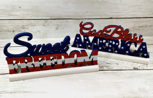 God Bless America Sweet Freedom Freestanding Tile Signs 2pc Set