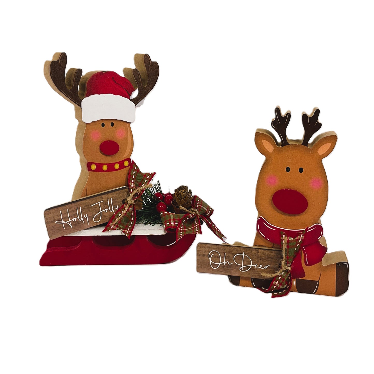 AGSD Christmas Decor -Chunky Wood Oh Deer Reindeer and Sleds 2pc