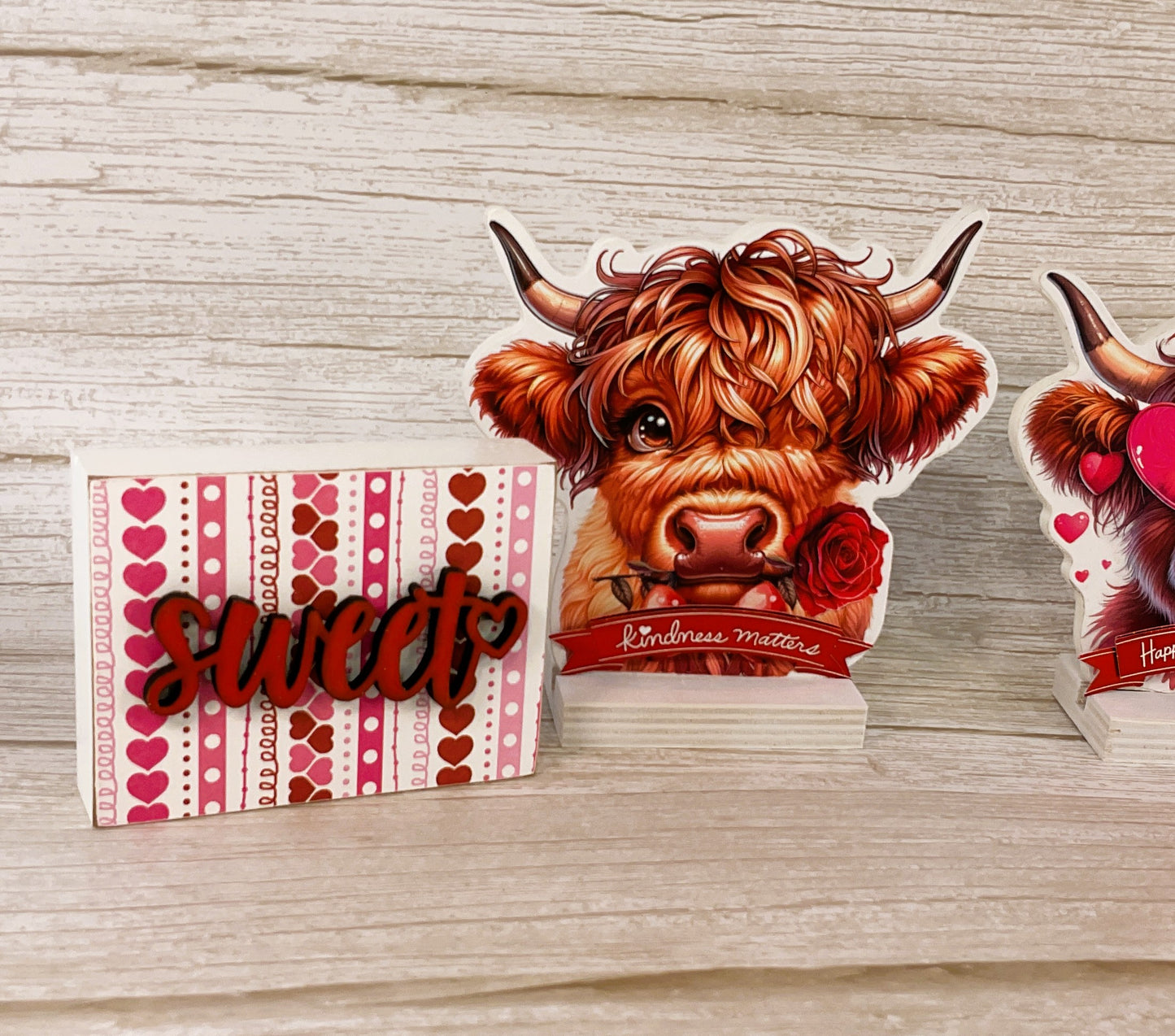 AGSD Valentines Decor - Glam Highland Cow Block Sign Tier Tray 4pc Set