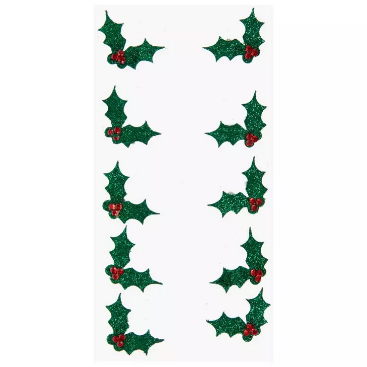 HL Christmas Craft Supply - Small Glitter Holly Stickers 10pc