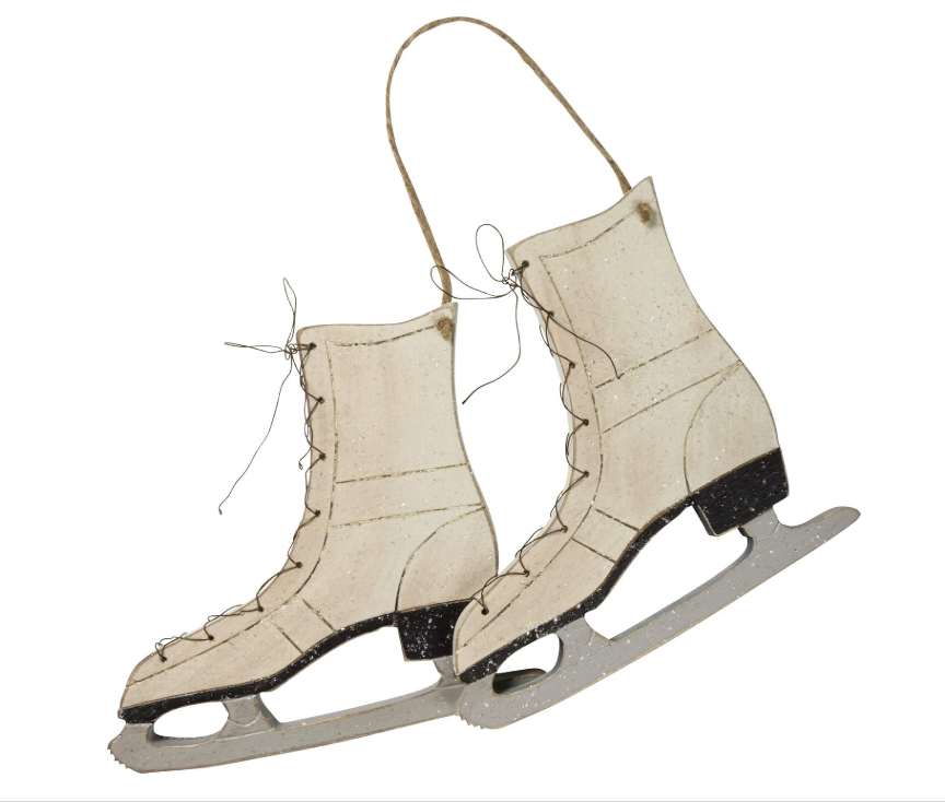 PBK Christmas Decor - Pair of Carved Ice Skates Wall Wreath Sign