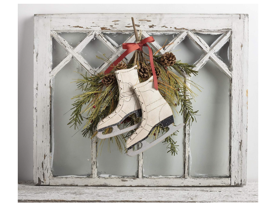 PBK Christmas Decor - Pair of Carved Ice Skates Wall Wreath Sign
