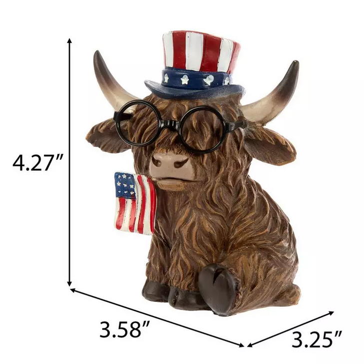 HL Patriotic Decor - July 4th Resin Highland Cow Couple Figurines & Garland 3pc Set