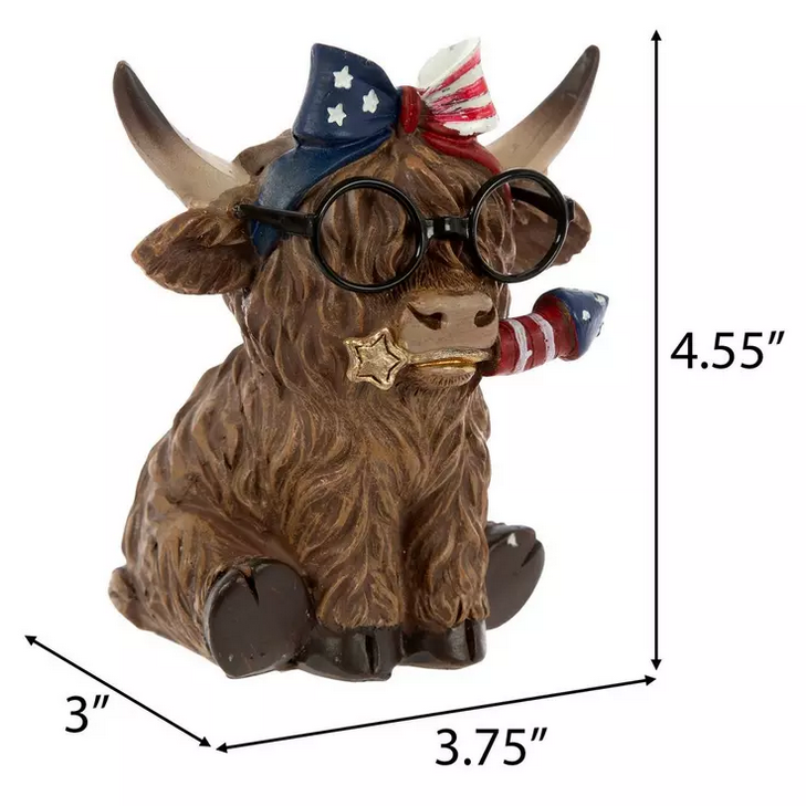 HL Patriotic Decor - July 4th Resin Highland Cow Couple Figurines & Garland 3pc Set