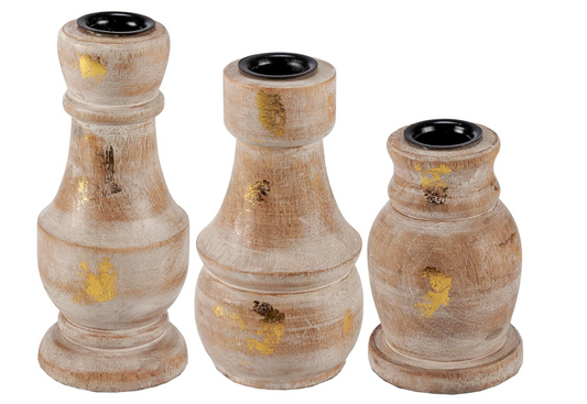 PBK Home Decor - Wood Gold Fleck Farmhouse Candlesticks 3pc Set