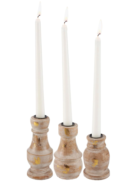 PBK Home Decor - Wood Gold Fleck Farmhouse Candlesticks 3pc Set
