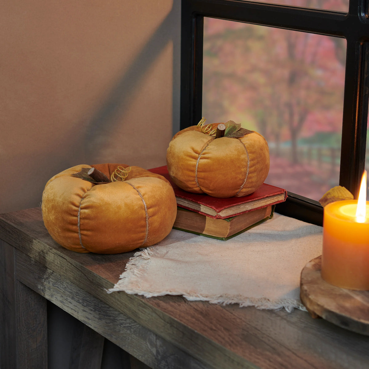 PBK Fall Home Decor - Soft Orange Velvet Suede Pumpkins 2pc Set