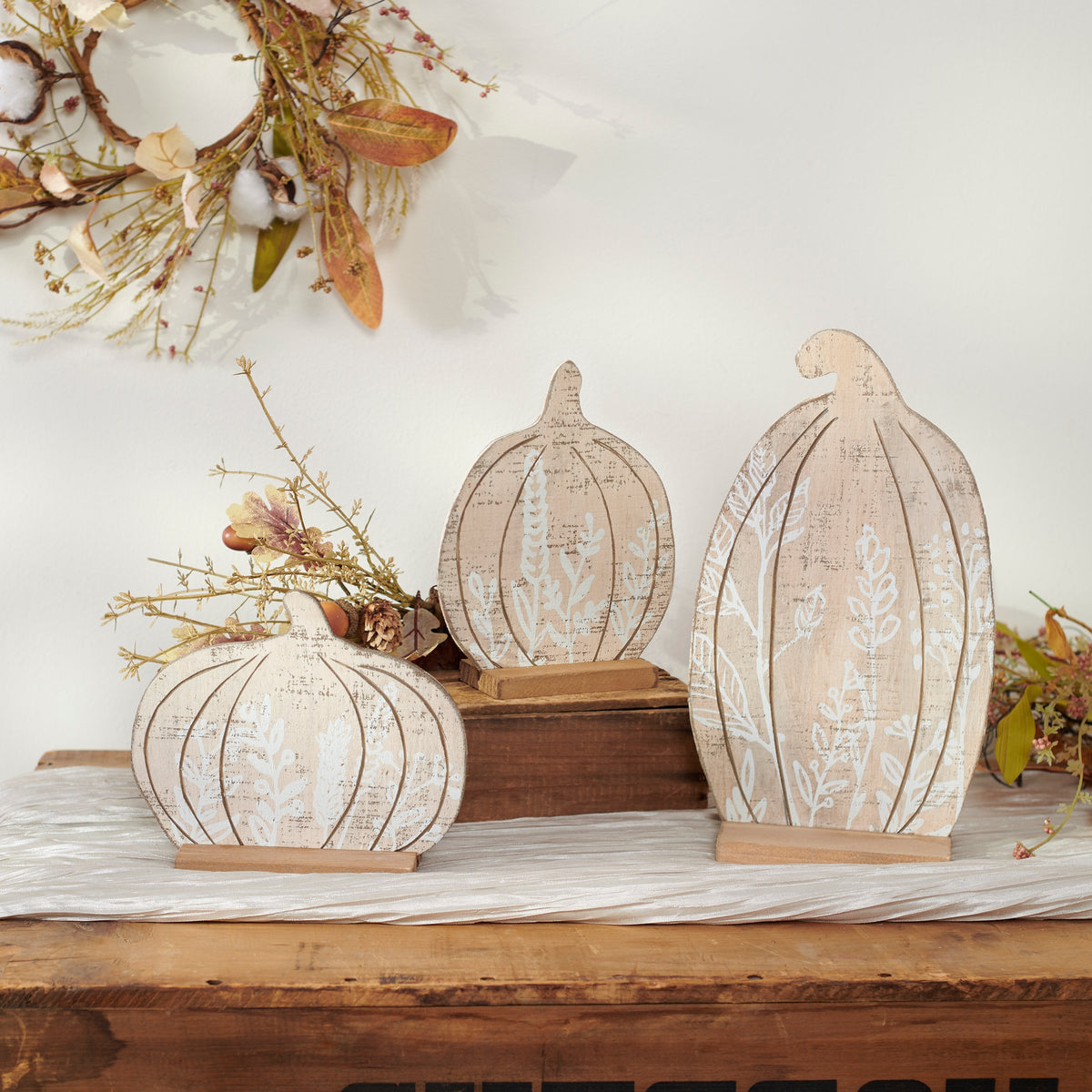 PBK Fall Decor - Neutral Floral Stand Up Pumpkins 3pc Set