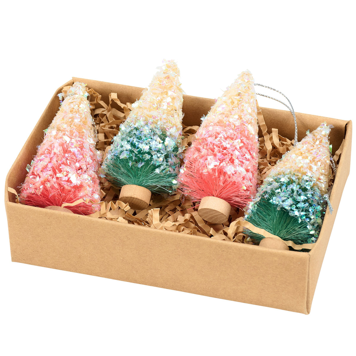PBK Christmas Decor - SMALL Pastel Sisal Bottlebrush Trees Ornaments 4pc Set
