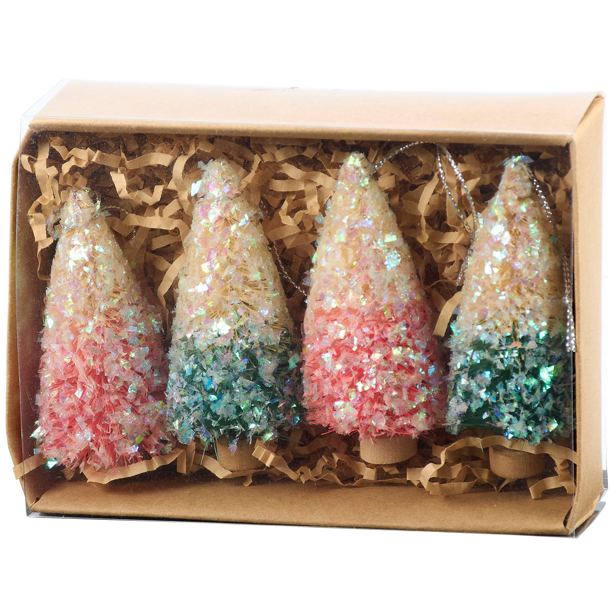 PBK Christmas Decor - SMALL Pastel Sisal Bottlebrush Trees Ornaments 4pc Set