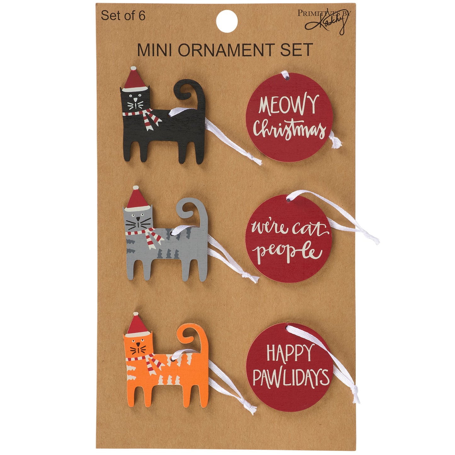 PBK Christmas Decor - MINI Santa Hat Prim Cat Ornaments 6pc. Set