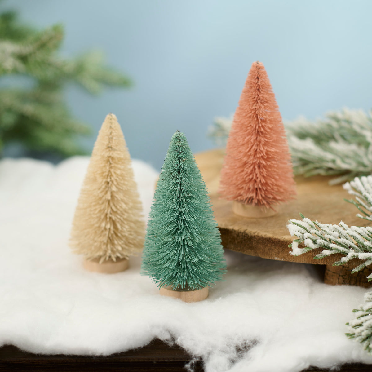 PBK Christmas Decor - Retro Pastel Sisal Bottlebrush Trees 3pc Set